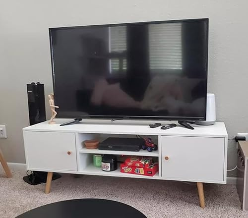 White TV Stand Vintage Retro Style Wooden Legs Media Cabinet Large Storage Shelf Unit 2 Small Cupboard Doors Living Room Shelves Entertainment Center