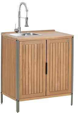 Armario de cocina exterior de madera de acacia 2 puertas 2 estantes con fregadero y grifo 50 x 80 x 92 cm encimera de madera maciza marrón Ivrea
