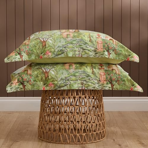Voyage Maison Eden Ruins Pillowcase Pair (Green - 50 x 75cm) | Painterly tropical florals, exotic fruits and wildlife in green, printed on 200 thread count cotton sateen with Oxford edge