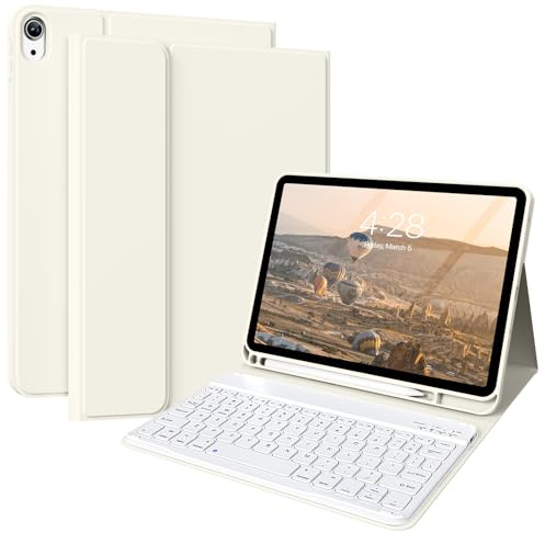 ZKTUYU for iPad 11th/10th Generation Case with Keyboard 11 inch/10.9 inch 2025 A16 2022 with Pencil Holder, Magnetic Detachable Wireless Bluetooth Folio Stand Rechargeable Keyboard Cover, White