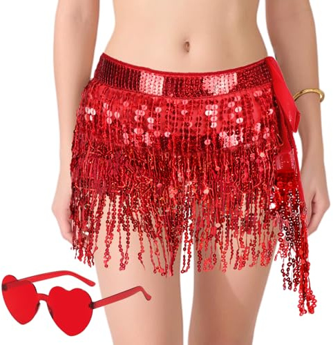 Rot Rock Damen Pailletten,Fransen Glitzer Rock mit Hippie Brille,Kurz Bauchtanz Kostüm für Fasching Karneval Party