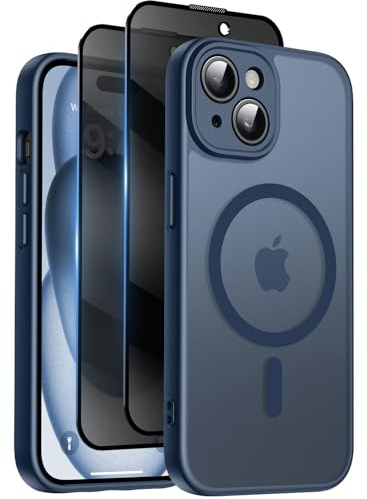Qasyfanc Coque pour iPhone 15 avec Verre Trempé Anti-Espion | Bleu, Compatible avec MagSafe, Étui Mat Translucide Arrière Housse Antichoc Anti-Rayures