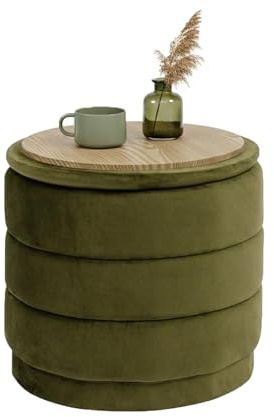 Bonlife Runde Ottomane mit Deckel, Klappbare Fußstütze mit Tisch, Fußstütze, Fußhocker für Wohnzimmer, Schlafzimmer, Flur, olivfarbener Samt,39x39x37cm