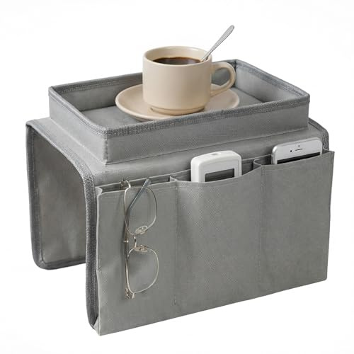 Sofa Arm Chair Tray Organisers Waterproof Non-Slip,Armchair Table Tray,Arm Chair Caddy with 4 Bags for Cup,Drinks,Snack,Phone,Magazines,Books,Glasses & Tablet,Sofa Armrest TV Remote Control Holder