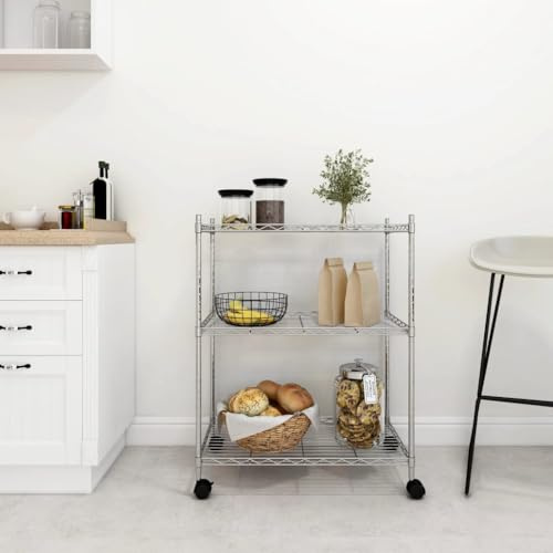 Mokuyary Lagerregal mit 3 Böden und Rollen 60x35x81 cm Verchromt 150 kg Kellerregal Lagerregal, Regal Werkstattregal für Wohnzimmer, Schlafzimmer, Küche