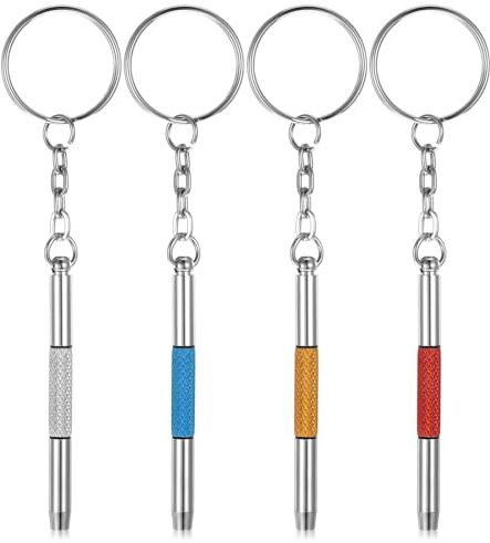 4Pcs Mini Portable Screwdrivers for Glasses, 3-in-1 Keyring Glasses Screwdrivers Set Flat Head Phillips Hex Handy Tiny Screwdriver for Glass Eyeglass Watch Jewelry, 4 Colors