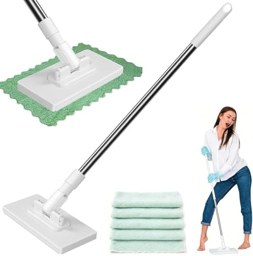 ZFFAFUR Adjustable 360° Rotating Mop for Floors, Snap-Grip Mini Mop with 5 Reusable Cloths,Windows & Tight Spaces, No-Touch Cloth Change, Wet & Dry Cleaning