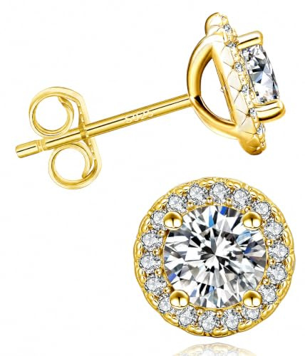 Moissanite Ohrringe Vergoldete inkl. Schmuckbox 925 Sterlingsilber – Echtheitszertifikat GRA Hola Ohrstecker im Brillantschliff, Diamant Look, hypoallergen, eleganter Schmuck Damen