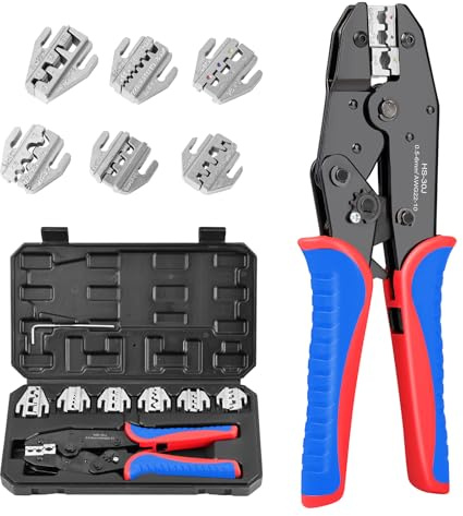 Pinza Crimpatrice Professionale Set con 7 Ganasce Intercambiabili per 0.5-35mm² Kit Crimpaggio per Connettori Solari MC4 Terminali Isolati e Non Isolati, Puntali e Termoretraibili Bleu