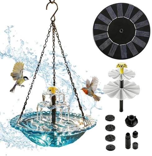 Solar betriebener Vogelbrunnen Dekorativ mit Pumpe & Sprinkler | Vogeltränke mit Solarbrunnen für den Einsatz im Garten, auf der Terrasse, der , dem Holzdeck, entlang von