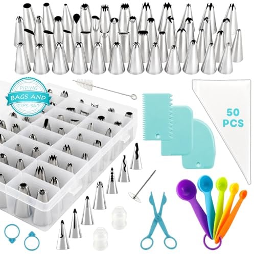 120 PCS Piping Bags and Nozzles Set, 55 Icing Tips Cake Decorating Kit | Includes 50 disposable bags, 2 couplers, flower nail, lifter, scrapers and measuring spoons for beginners and pros