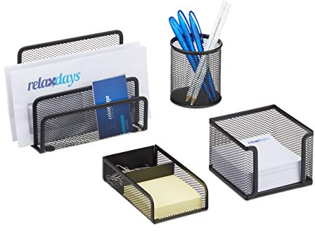 Relaxdays Schreibtisch Organizer Set 4-teilig, Mesh Metall Zubehör mit Briefablage, Stiftehalter und Zettelbox, schwarz, 14.5 x 17.5 x 13.5 cm