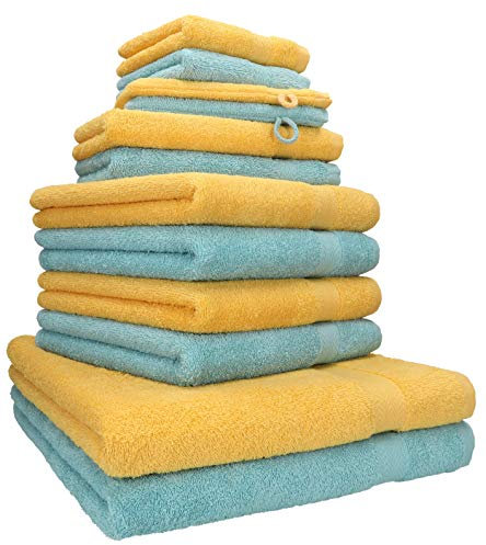 Betz 12-TLG. Handtuch Set Premium 100% Baumwolle 2 Duschtücher 4 Handtücher 2 Gästetücher 2 Seiftücher 2 Waschhandschuhe honiggelb/Ocean