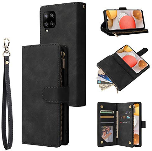 UEEBAI Coque pour Samsung Galaxy A12 5G, Etui en Cuir PU Portefeuille Rétro Antichoc Flip Case Housse avec Fentes de Cartes Fonction Support, Fermeture Magnétique - Noir