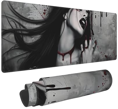 Dark Fantasy Gothic XXL XL Groß Gaming Mauspad für Schreibtisch, Frauen Vampire Blood Face Rutschfest Lange Extended Keyboard Pads Mousepad Gummi Tischmatte 80 x 20 cm