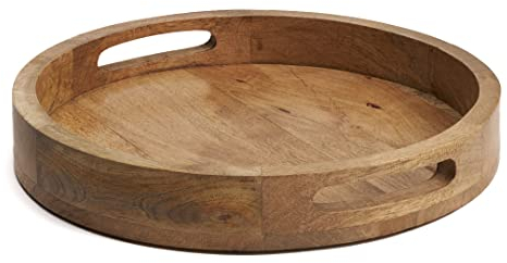 Hazelton Oaks Round wooden serving tray with handles, medium size food presentation board, Mango wood platter, food grade round tray, snack board ideal for fruits, snacks and charcuterie
