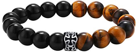 Flongo Herren Rosenkranz mit Kreuz-Anhänger, Tigerauge Stein Perlen-Armband, Edelstahl 10MM Männer Armband Gelb Schwarz