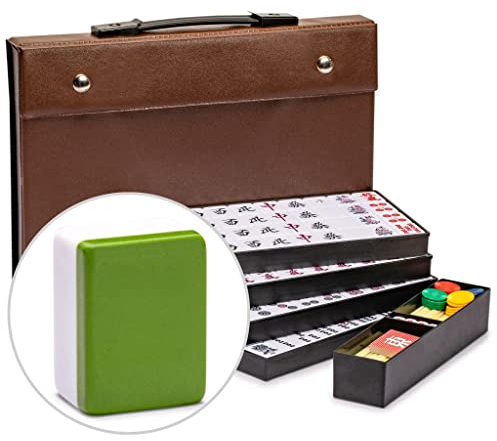 Yellow Mountain Imports Japanisches Riichi Mahjong Set - Große Weiße und Grüne Fliesen, Vinyl-Etui - Enthält Ostwind-Fliese, Wettestäbchen und Würfel.
