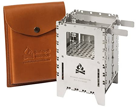 BUSHBOX XL Réchaud d'extérieur | Cuiseur Hobo | Camping | Bois | Gaz | Spiritus | Pliable | Compact | Acier inoxydable | Avec accessoires | Grille universelle XL | Étui en cuir |