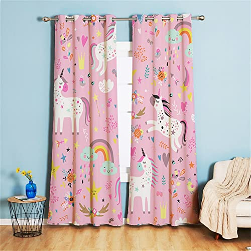 Koudi Kinder Rosa Vorhänge Einhorn Sterne Gardinen mit Ösen für Mädchenzimmer, Kinderzimmer, Babyzimmer 160 × 132cm (H × B)
