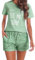 Uniexcosm Schlafanzug Damen Kurz Baumwolle Zweiteiliger Pyjama Set Kurzarm Nachtwäsche Wimperndruck Sleepwear Hausanzug Loungewear Stil 1:Grün-1 M