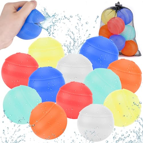 Wiederverwendbare Wasserballons Schnell Befüllbar, 12 Stück Selbstschließend Wasserbomben Pool Spielzeug für Kinder 3+ Jahre, Silikon Wasserspielzeug Spritziger Ball für Sommer Party Wasserschlacht