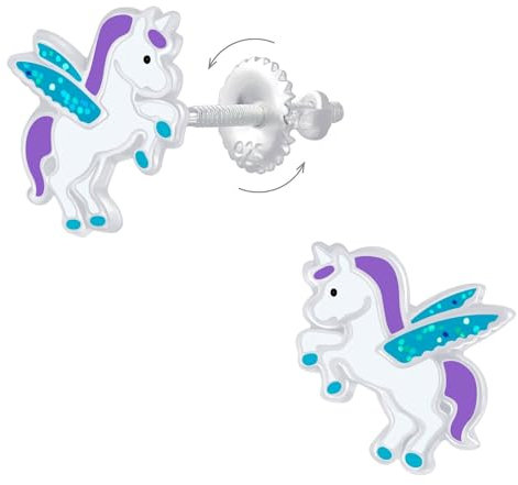 Boucles d'oreilles licornes volantes violettes et ailes bleues en argent 925 à vis - Bijoux enfant - Idée cadeau fille