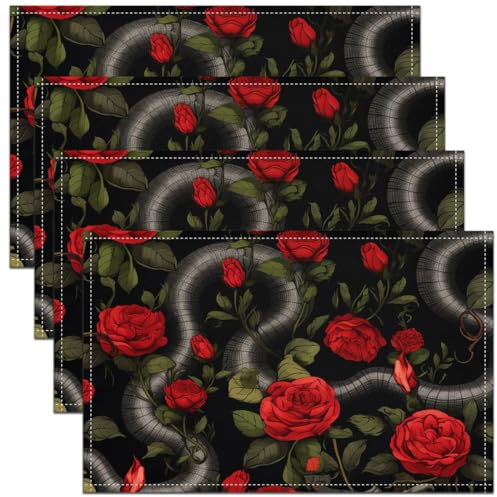 Pack von 4 Schlange Tischsets 45Bx30L,Rote Rose Blumen Platzmatten Wild Tier Tischmatten für Kinder Jungen Teens Erwachsener Tisch Dekor,Dekoration Indoor Outdoor,Hitzebeständig