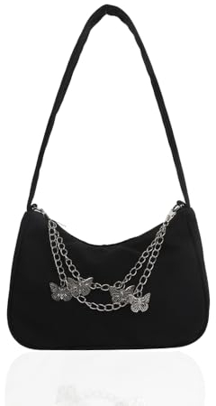 Ceihwa Umhängetasche Damen Y2k Schultertasche Vintage Kleine Handtaschen mit Kette 90s Women'S Shoulder Bag Tasche Aesthetic Teenager Mädchen Small Handbag Tasche Tote Bag Mini Segeltuchtasche-Schwarz