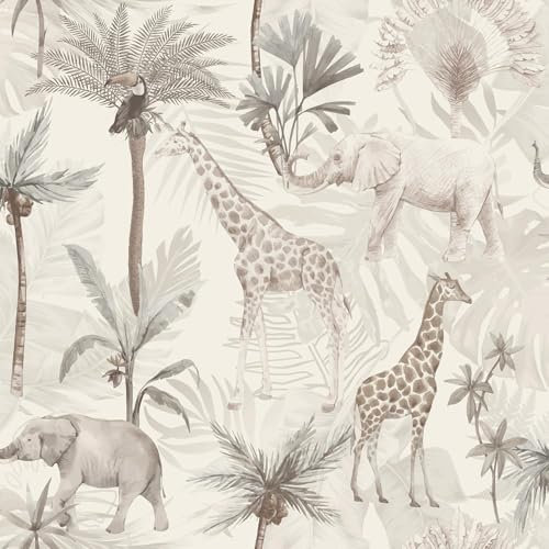 Serengeti Neutral Wallpaper - Animal Print Giraffe Elephant Toucan Palm Trees Naturistic - Trendy Feature Wall