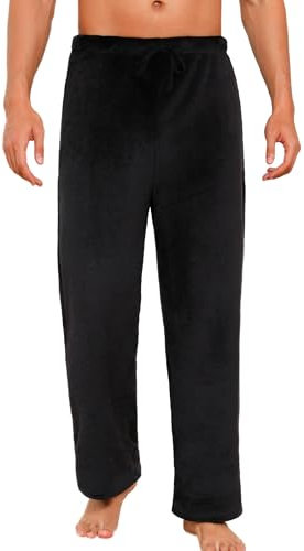 ENJOYNIGHT Schlafanzughose Herren Lang Fleece Pyjamahose Plüsch Freizeithose Warm Haushose mit Kordelzug ((Medium,Schwarz)
