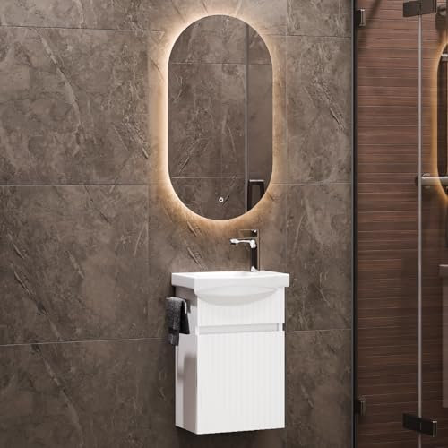 Planetmöbel Waschbecken mit Unterschrank 40 cm inkl. Keramikwaschbecken und Badspiegel mit Beleuchtung oval, Gäste WC Badmöbel Set, weiß matt