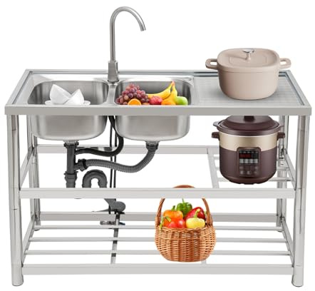 Edelstahl Spültisch, Spüle mit Unterschrank, Spülbecken Silber, 2 Becken Edelstahl Küchenspüle, Spüle mit Wasserhahn, Abflussrohre & Wasserzulaufrohre Wasserhahn für Küche