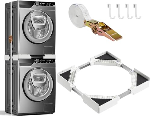 Juego de marco de conexión universal para lavadora y secadora, 46 – 66 cm, kit de marco de conexión ajustable, apilable con cuerda de carraca, kit de montaje intermedio para lavanderías que ahorran