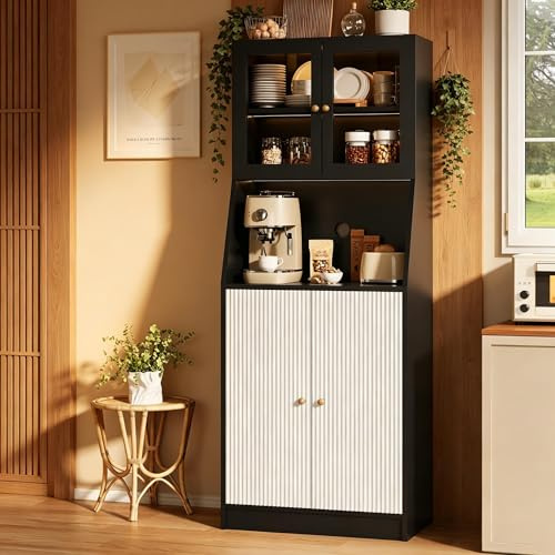 BIYFSDS Credenza alta cucina con LED, mobile da cucina con piano di lavoro, armadio da cucina con ripiani regolabili e armadi, credenze, vetrina per sala da pranzo (nero)
