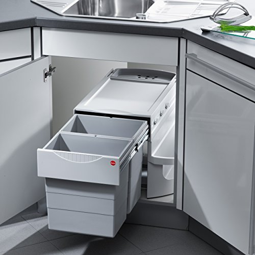 Hailo Eckabfallsammler 3645221 | Rondo Comfort Mülltrennsystem | 2-Fach Trennung | 2x 20 Liter Eimer | Drehbarer Küchenabfallsammler | Einbau Abfallsystem für Eckunterschränke | MIt Kehrschaufelset