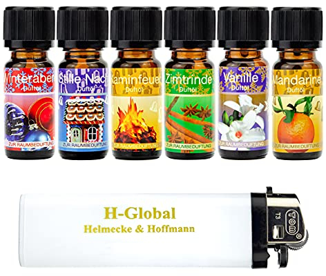 6er Set verschiedene weihnachtliche und winterliche Duftöle Aromaöle Raumduftöle Vanille, Stille Nacht, Zimtrinde, Mandarine, Kaminfeuer, Winterabend in je 10 ml Fläschchen + Feuerzeug