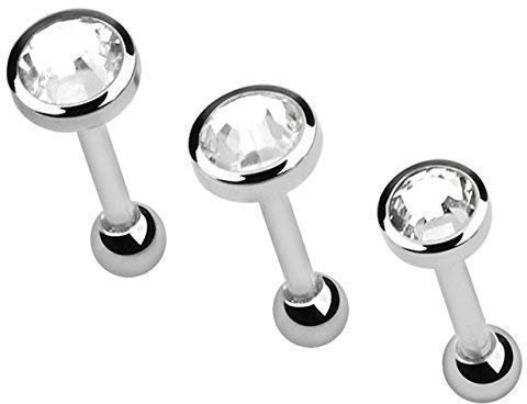 Ohr Piercing Schmuck Helix, Tragus, Set aus 3 x Stab mit Kugel und Steinplatte, klar in 3/4/5 mm Durchmesser