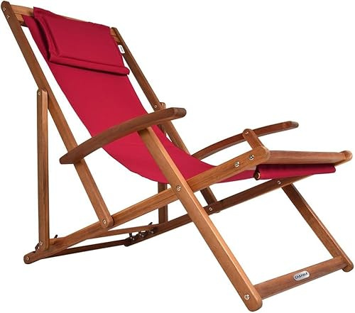 CASARIA® Folding Wooden Deck Chair Sun Lounger with Neck Pillow Red | Beach Chair Seaside Outdoor Garden Recliner 160kg Capacity | Foldable Adjustable Headrest Armrests Fold Up Outside Deckchair
