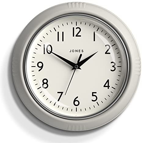 Jones Clocks® Ketchup wall clock | Retro round clock | 25cm | Very pale grey | Easy to read numbers | Perfect for kitchen or office