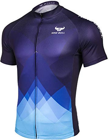 9 Bull Herren Fahrradtrikot Kurzarm mit 3 Rückentaschen - Feuchtigkeitstransportierend, atmungsaktiv, schnell trocknend - Blau - X-Groß