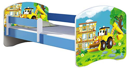 ACMA Kinderbett Jugendbett mit Einer Schublade und Matratze Blau mit Rausfallschutz Lattenrost II 140x70 160x80 180x80 (20 Bagger, 160x80)