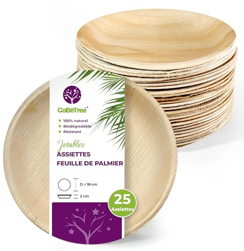 GoBeTree Platos Desechables de Hoja de Palma 25 Platos Redondos de 18 cm. Vajilla para barbacoas, picnic y Fiesta de cumpleaños, Similar al bambú, más fuerte que platos de papel