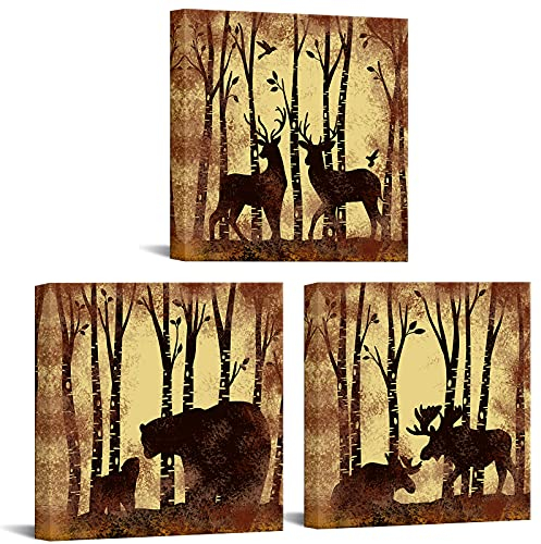 Fushvre 3-teiliges Vintage-Wandbild mit Hirsch, Elch, Bär im Wald, Landschaftsgemälde, Leinwanddruck, braunes Wildtierbild, Poster für Wohnzimmer, Schlafzimmer, gerahmt, fertig zum Aufhängen