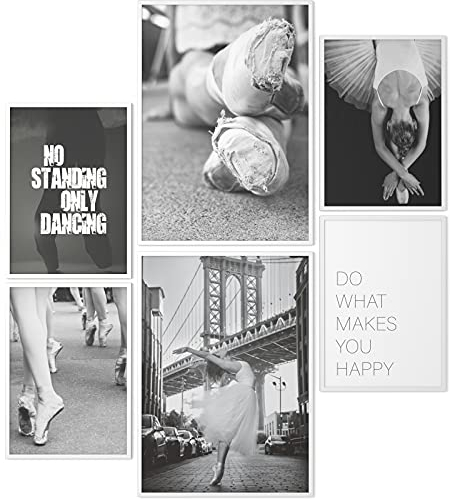 Papierschmiede® Mood Poster Set Ballerina, Fertiges Bilder Set mit Rahmen (Holz, weiß), Wohnzimmer Deko Schlafzimmer, 2x DIN A4 und 4x DIN A5, Tanzen Ballett Kleid schwarz-weiß