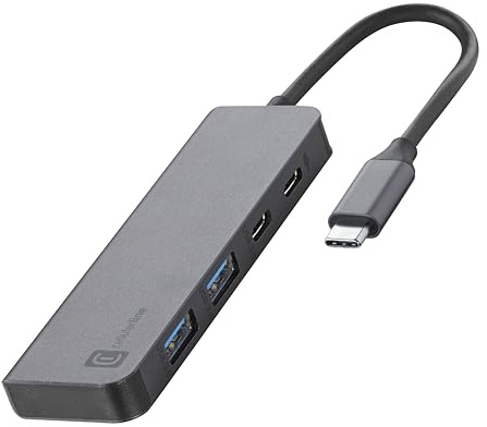 Cellularline HUB Starter - 4-Port-Hub, Laden und Datenübertragung, Elegant und Robust, 2 USB-A-Anschlüsse und 1 USB-C für Daten und Laden, USB-C Power Delivery bis zu 100W, Metallgrau