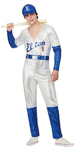 Smiffys Elton John Deluxe Pailletten-Baseballkostüm, Overall, Umhang