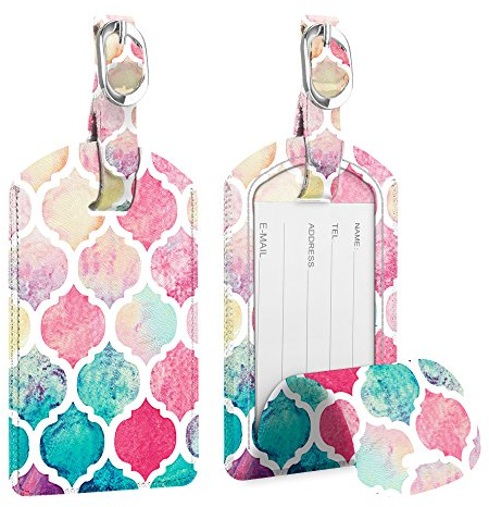 [2 Stück] Fintie Kofferanhänger aus Kunstleder, Gepäckanhänger ID Etikett mit Adressschild Namenschild für Reisetasche Koffer, Aquarell Kariert