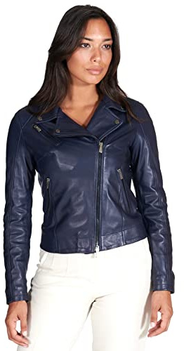 D'Arienzo Chiodo in Pelle Blu Donna Vintage Giacca Biker Giubbotto Moto Vera Pelle Made in Italy KBC M/Blu