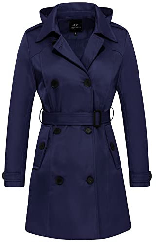 FARVALUE Trench imperméable à double boutonnage coupe-vent classique avec ceinture à revers et capuche amovible pour femme, bleu marine, Large